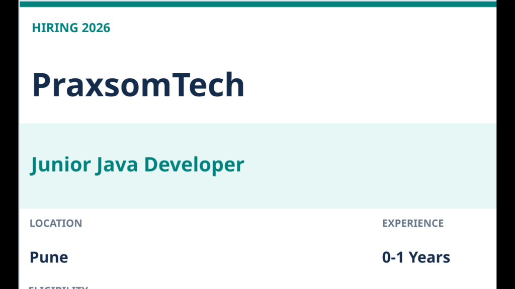 PraxsomTech Junior Java Developer Hiring in Pune | Freshers 0–1 Year