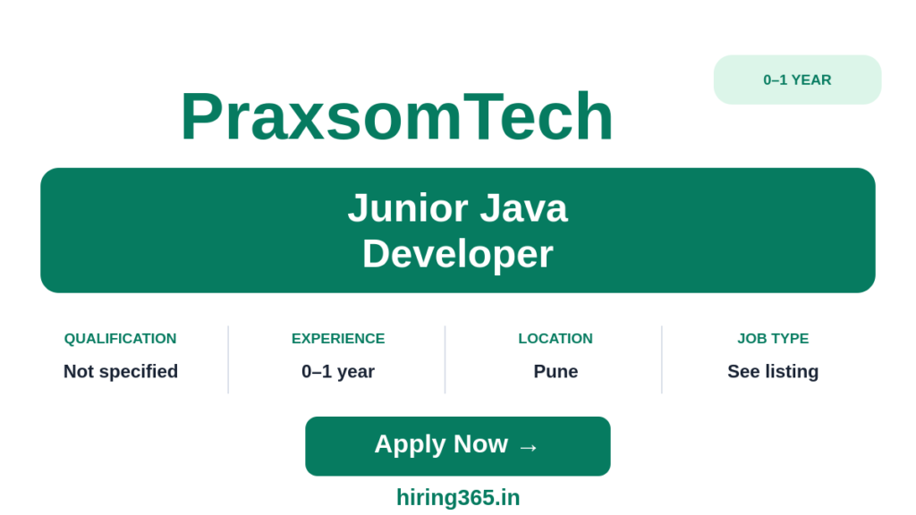 PraxsomTech Junior Java Developer Hiring in Pune | Freshers 0–1 Year